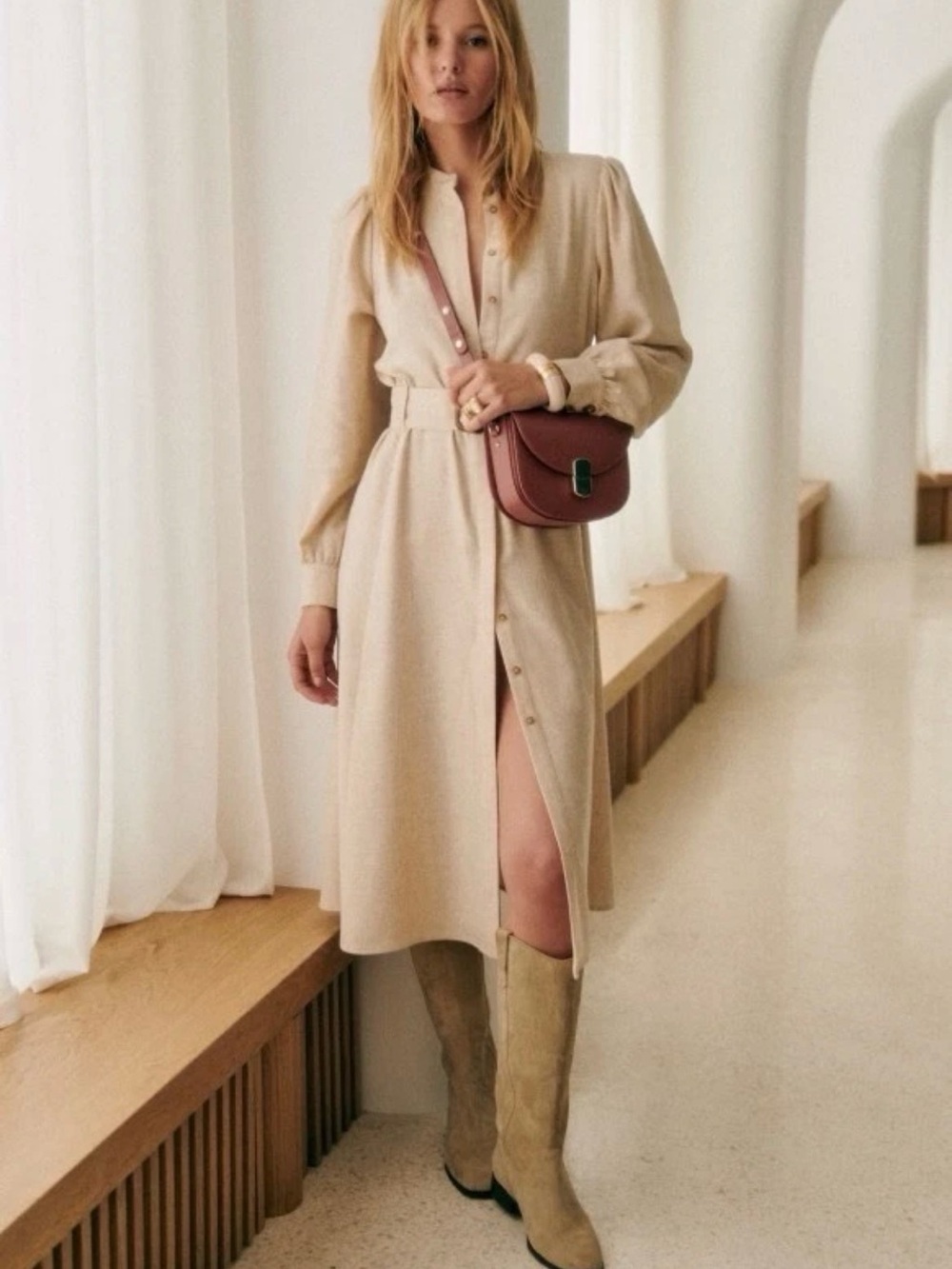 Sezane Button-Front Cream Shirt Dress 38. Missing belt
